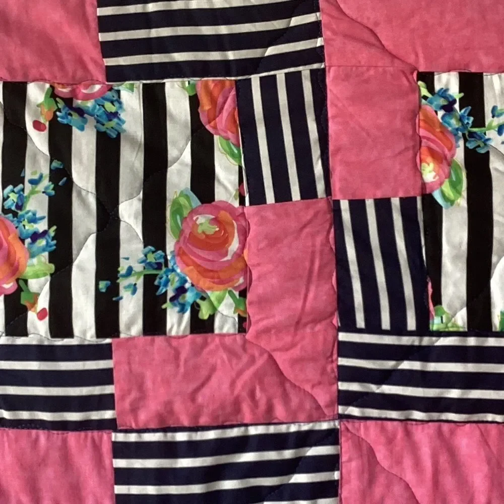 NWT. Hand Crafted Pink and Black Striped With Roses Floral Quilt